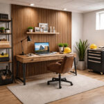 A renovated basement in edmonton featuring a home office with a modern desk and layout.