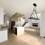 A brightly lit new home image featuring a view of the kitchen and living room.
